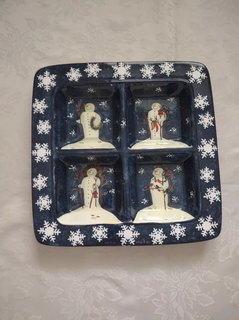 Platter Divided 4 part Square Ceramic Twilight Folk Art Mary Beth Baxter